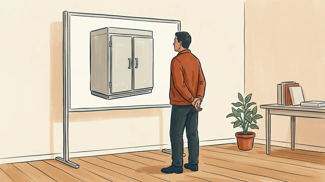 Una persona observa un panel con la ilustración de un equipo frigorífico cerrado y sin marcas.
