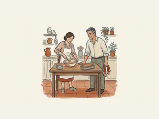 Dos adultos preparan repostería en una cocina española, con un cuenco de masa y un bizcocho.