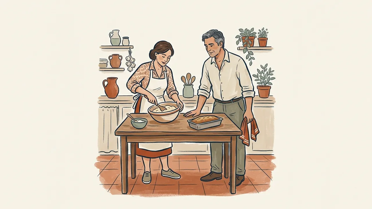 Dos adultos preparan repostería en una cocina española, con un cuenco de masa y un bizcocho.