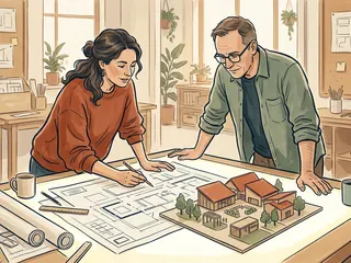 Dos personas revisan un plano y una maqueta de un espacio cultural ficticio.