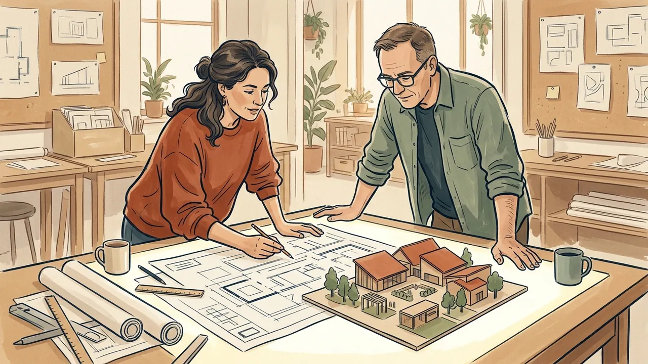 Dos personas revisan un plano y una maqueta de un espacio cultural ficticio.