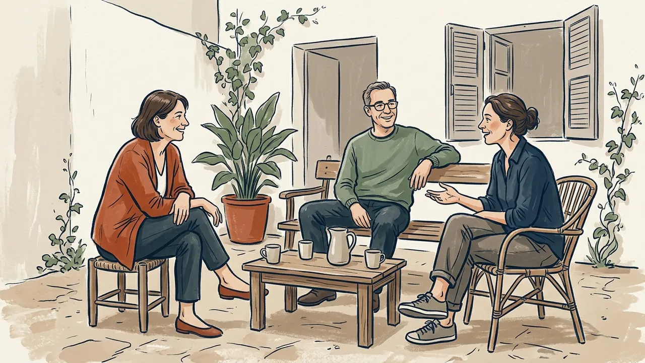 Tres adultos sonríen mientras conversan alrededor de una mesa en un patio.
