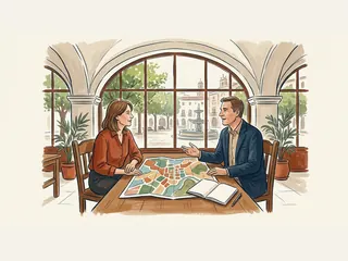 Dos adultos conversando sobre un mapa esquemático en un centro municipal.