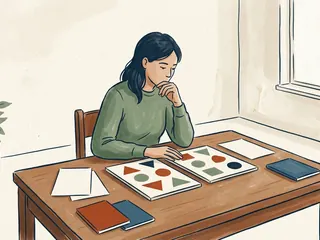 Una persona adulta compara dos láminas de figuras geométricas sobre una mesa.