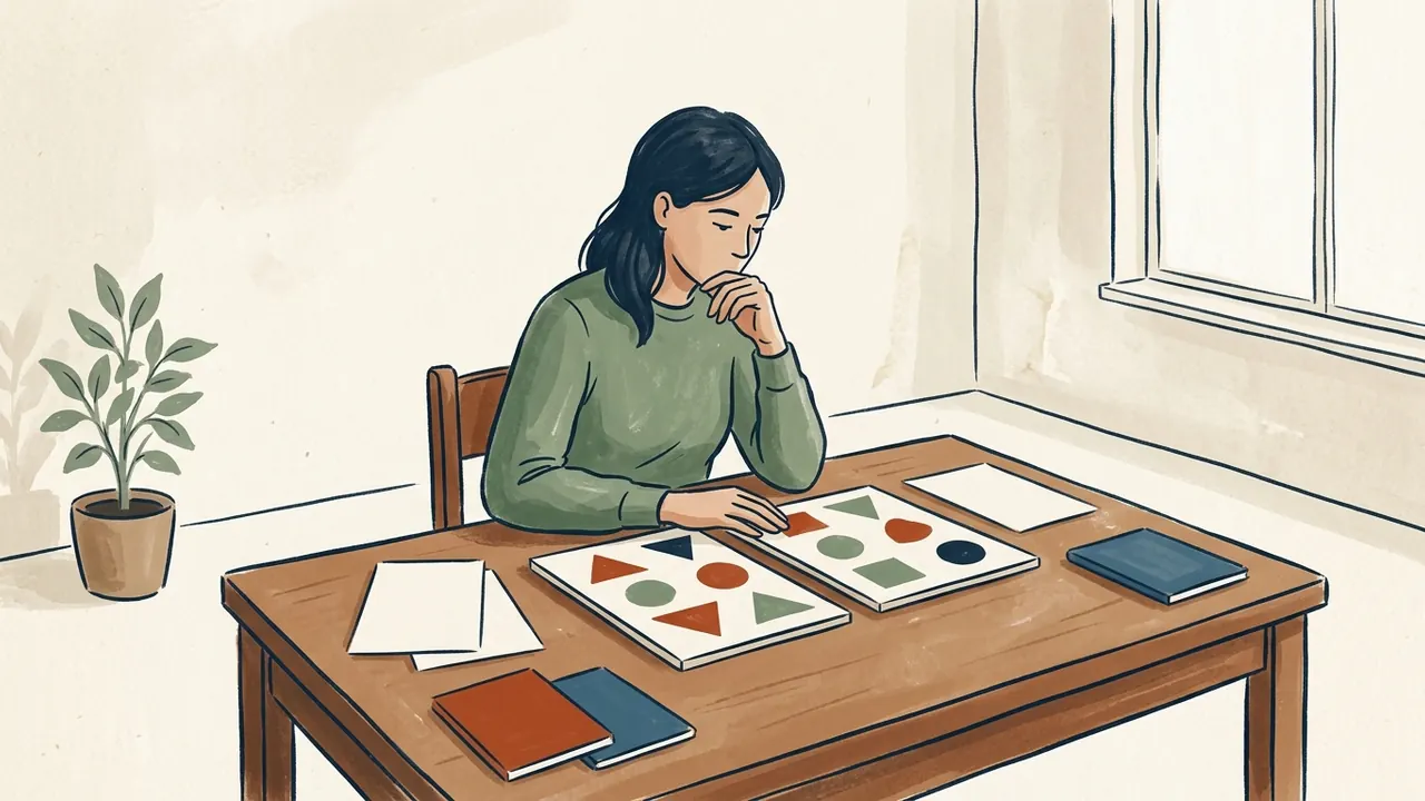 Una persona adulta compara dos láminas de figuras geométricas sobre una mesa.
