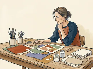 Una persona contempla una composición de papeles de colores y texturas en una mesa de taller.
