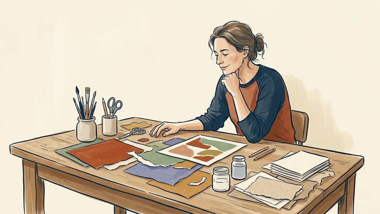 Una persona contempla una composición de papeles de colores y texturas en una mesa de taller.