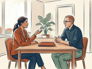 Dos personas conversan junto a una carpeta cerrada y una planta.
