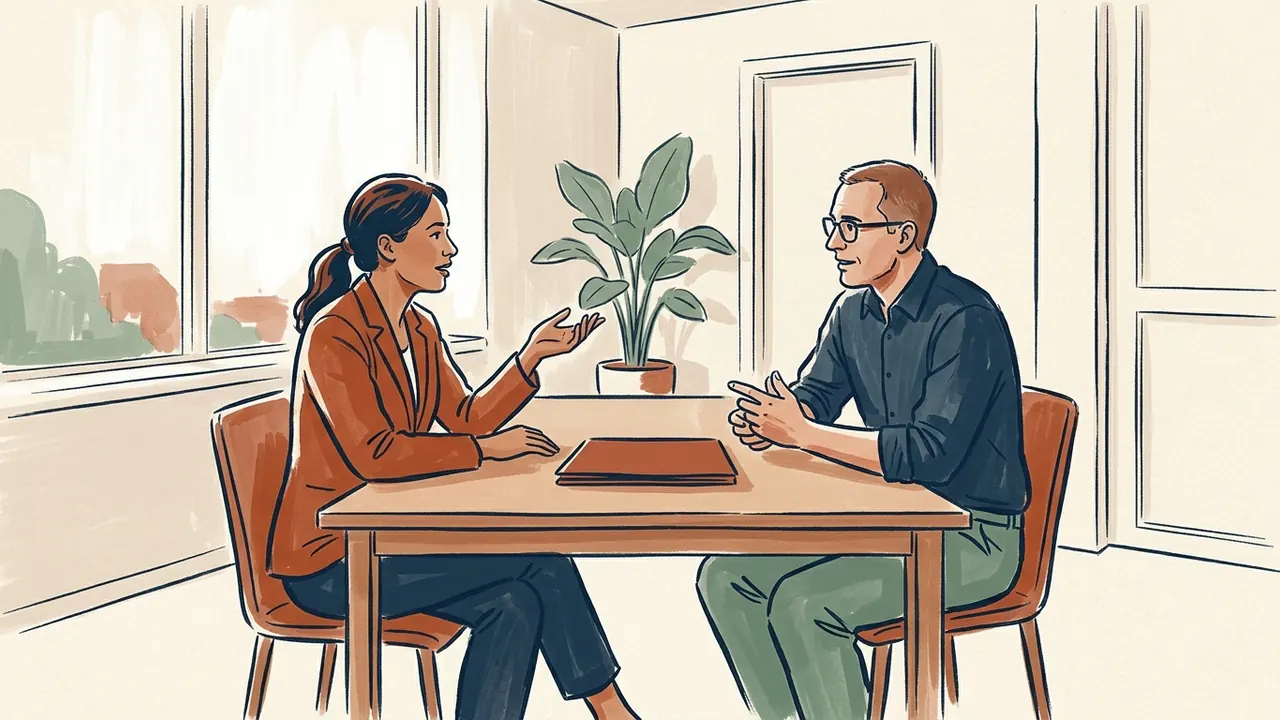 Dos personas conversan junto a una carpeta cerrada y una planta.