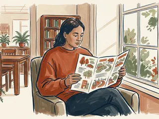 Una persona lee un folleto ilustrado junto a la ventana de una biblioteca.