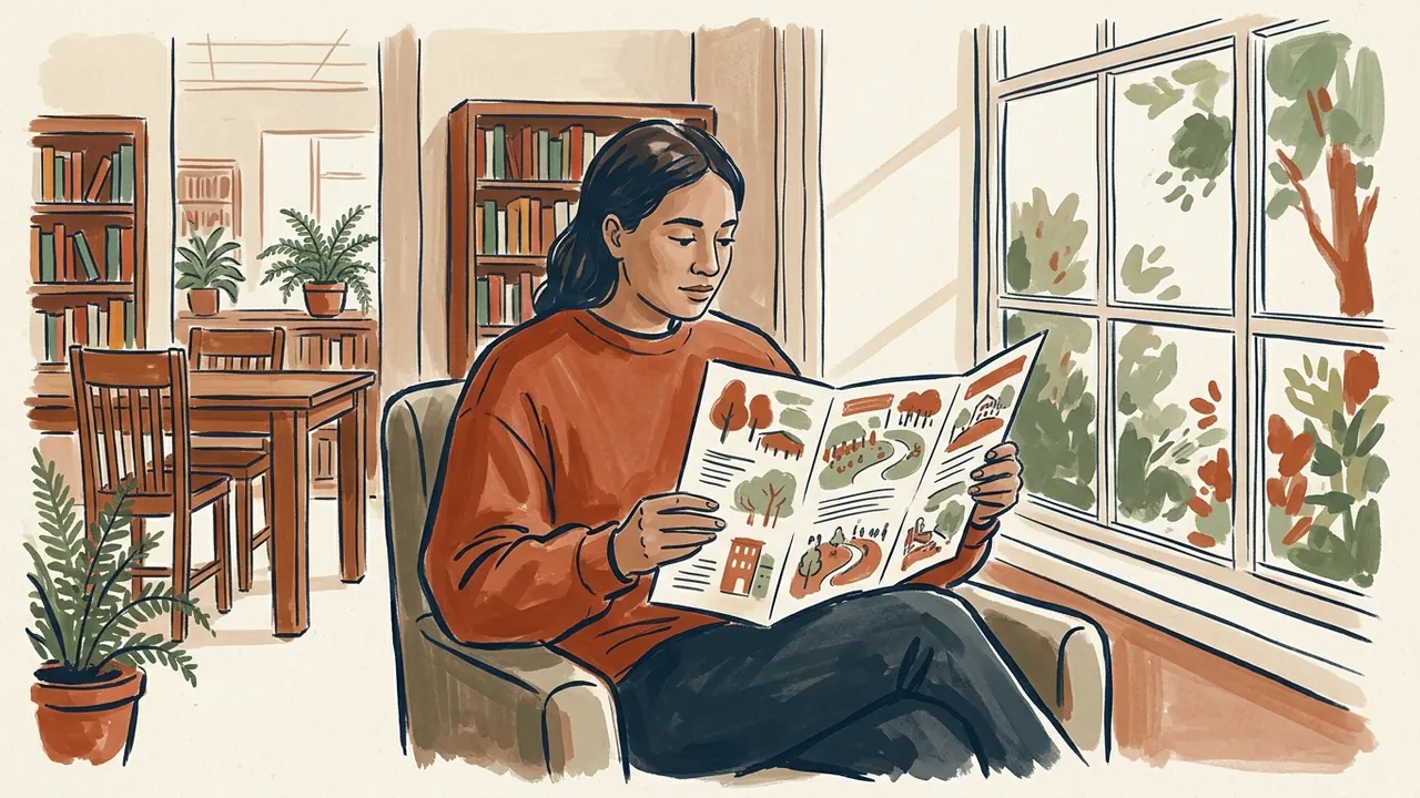 Una persona lee un folleto ilustrado junto a la ventana de una biblioteca.