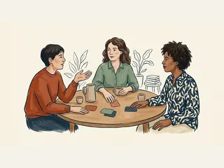 Tres personas adultas conversan alrededor de una mesa con tarjetas de colores.