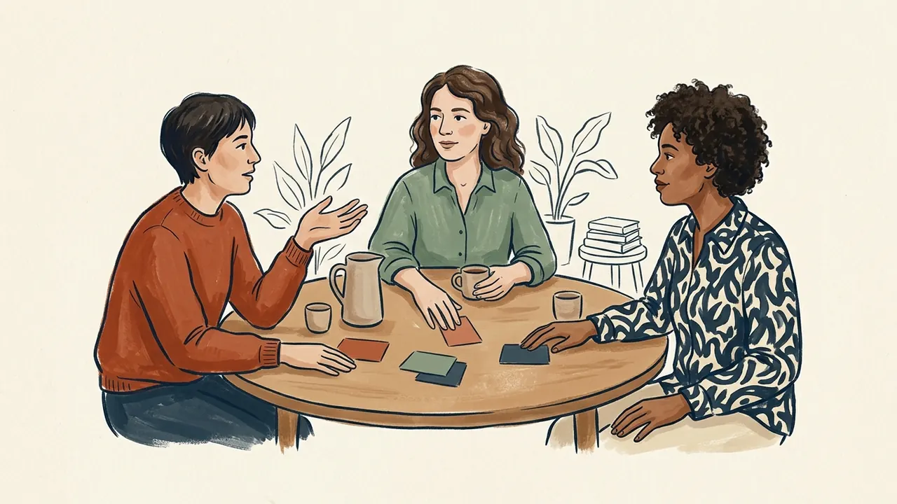 Tres personas adultas conversan alrededor de una mesa con tarjetas de colores.