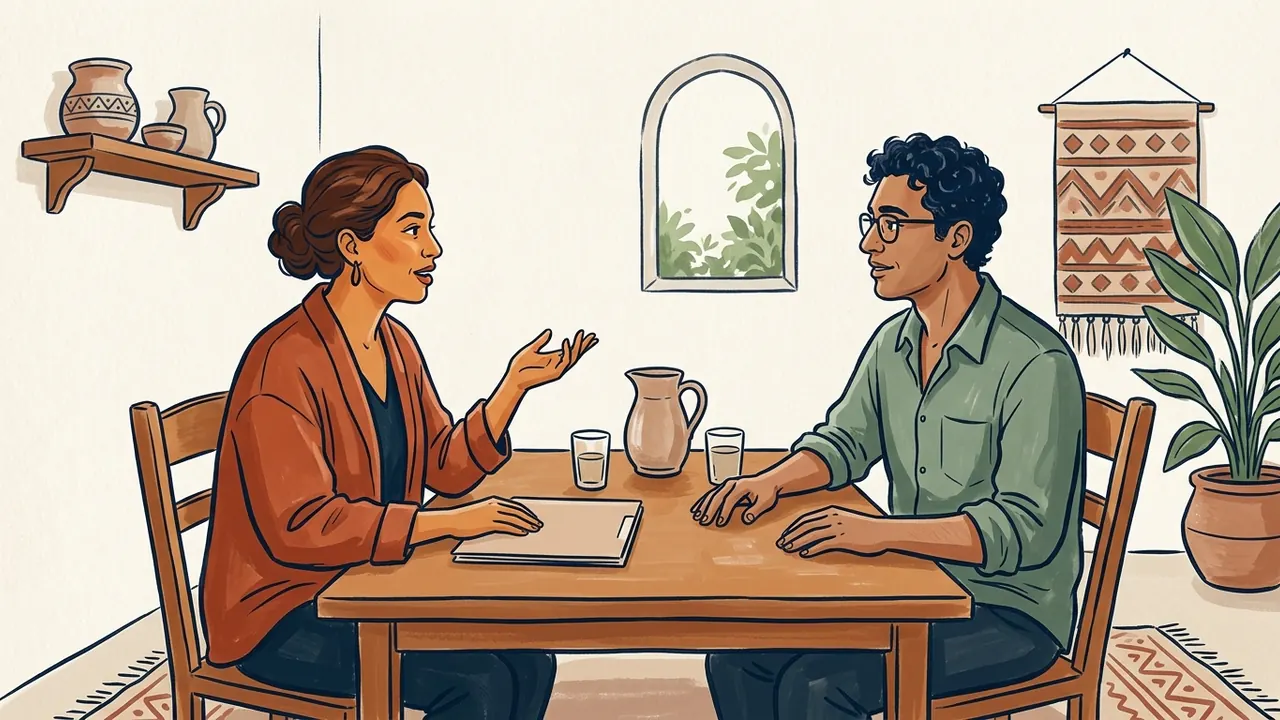 Dos personas adultas conversan junto a una carpeta en una sala cultural.