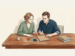 Dos personas observan una carpeta cerrada y tres tarjetas de colores.