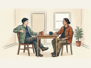 Dos personas conversan durante una pausa en una sala de descanso.