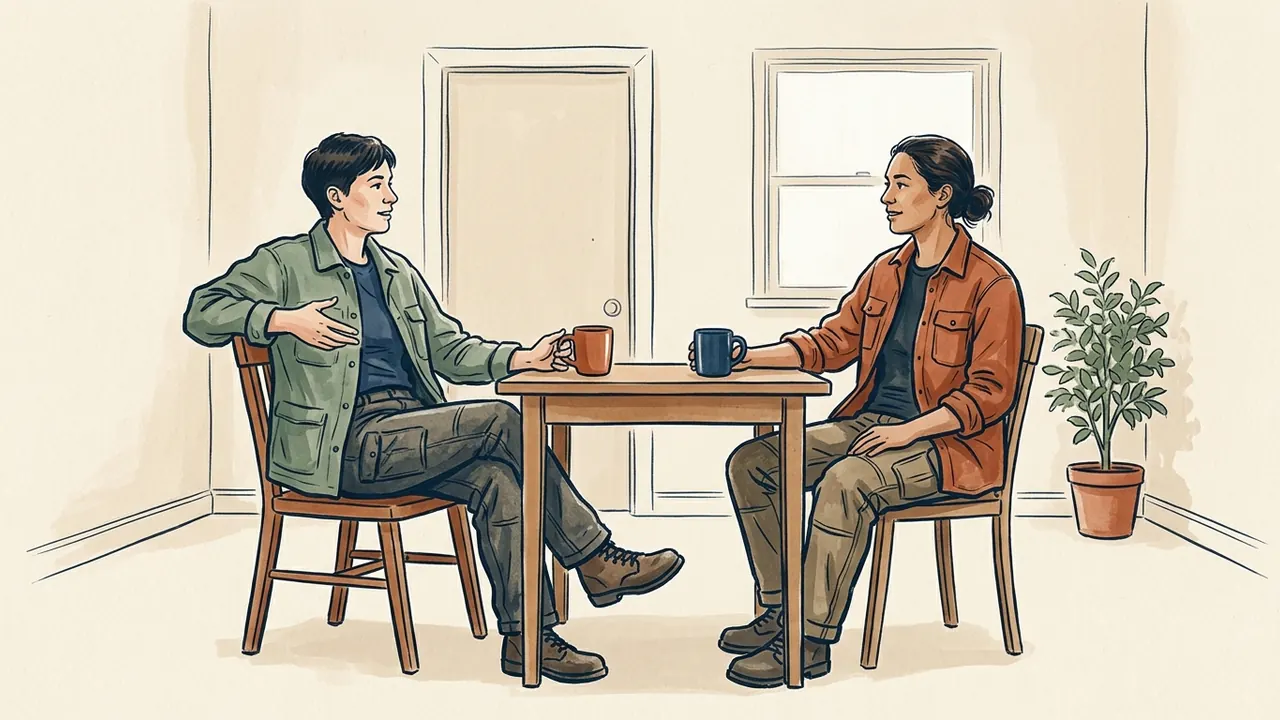 Dos personas conversan durante una pausa en una sala de descanso.