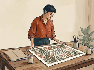 Una persona contempla una lámina artística de una serpiente rodeada de motivos vegetales.