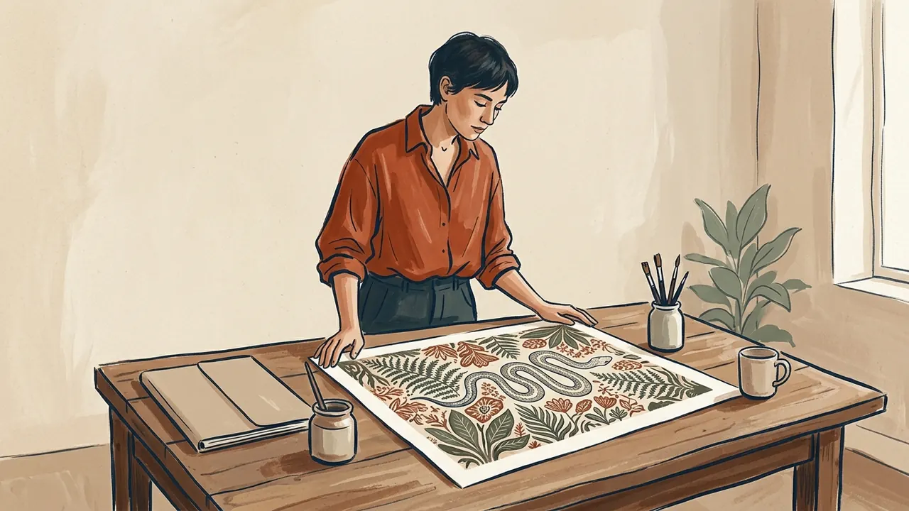 Una persona contempla una lámina artística de una serpiente rodeada de motivos vegetales.