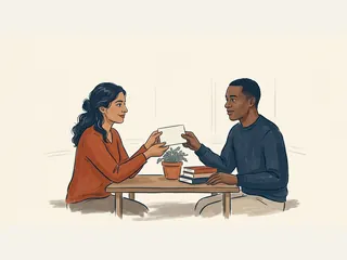 Dos personas intercambian una tarjeta lisa junto a una planta.