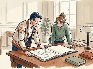 Dos personas observan dibujos de pequeños platos en un libro abierto.