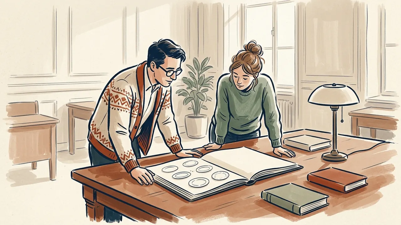 Dos personas observan dibujos de pequeños platos en un libro abierto.