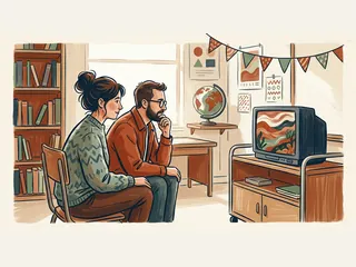 Dos personas observan un paisaje ilustrado en un televisor genérico.