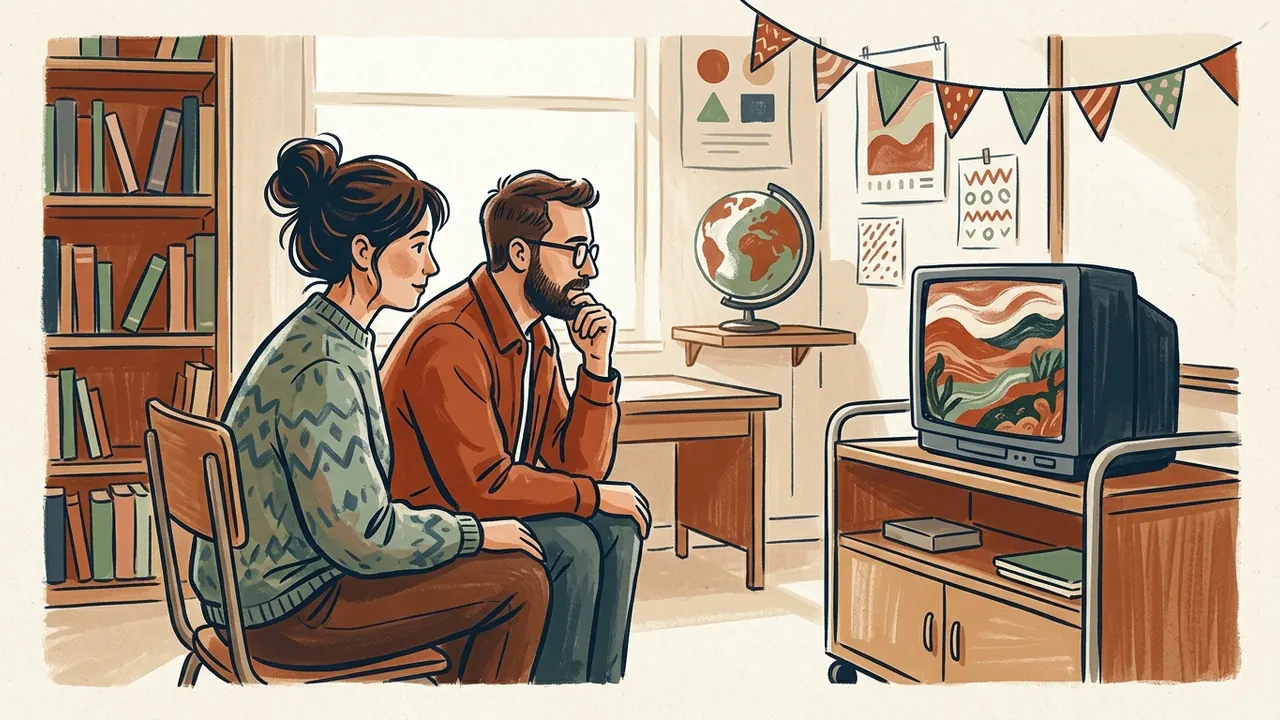Dos personas observan un paisaje ilustrado en un televisor genérico.