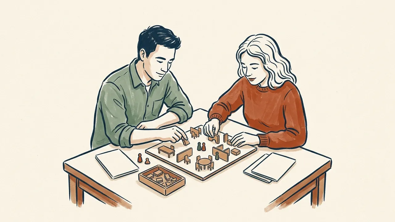 Dos adultos organizan una maqueta de un espacio comunitario sobre una mesa.