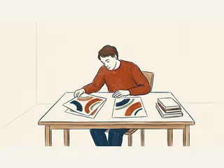 Una persona compara dos composiciones de formas curvas sobre una mesa.