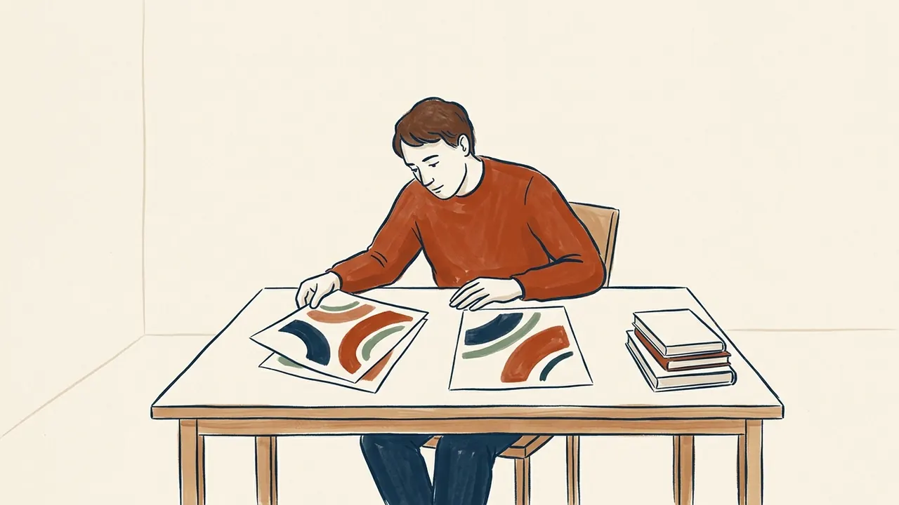 Una persona compara dos composiciones de formas curvas sobre una mesa.