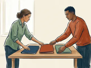 Dos personas adultas ordenan carpetas de colores sobre una mesa.