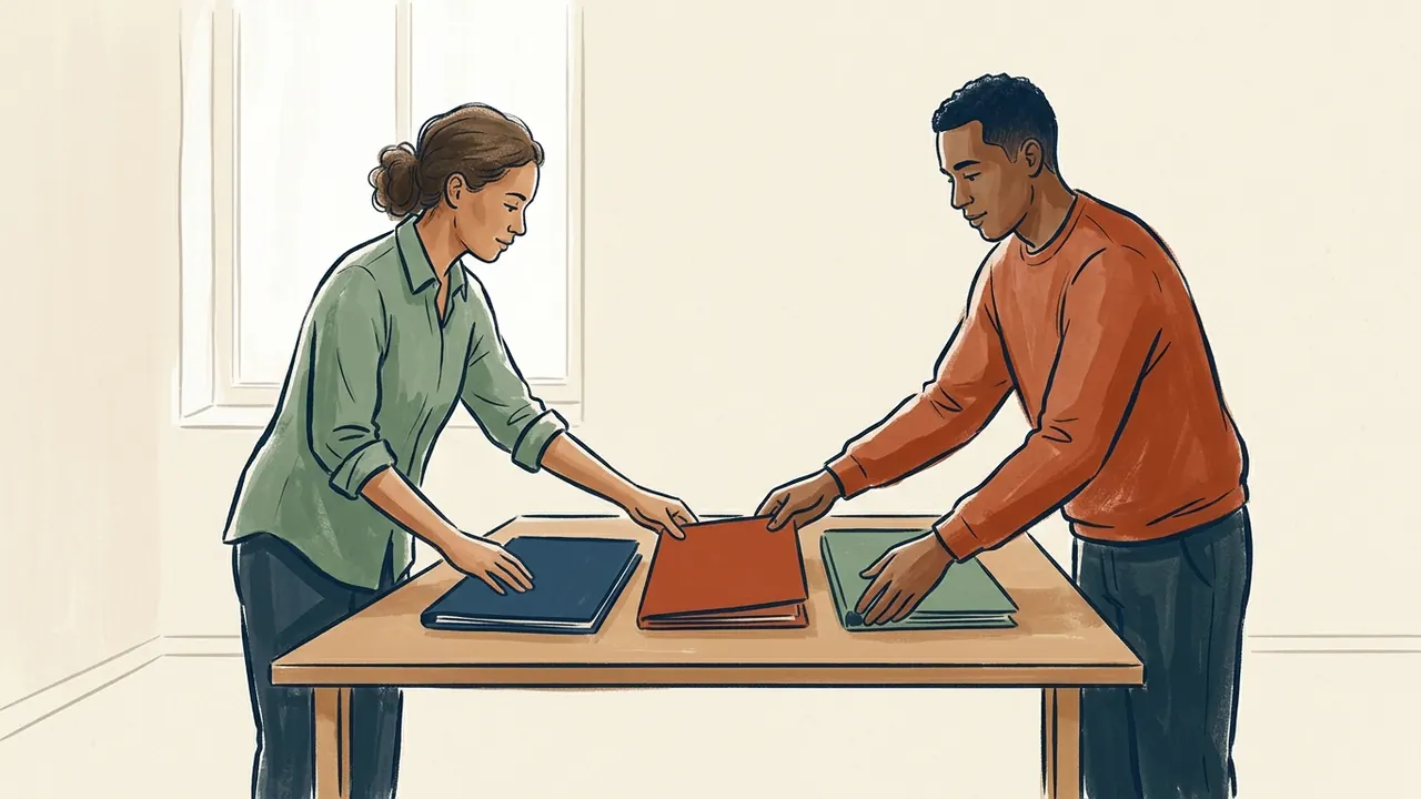 Dos personas adultas ordenan carpetas de colores sobre una mesa.