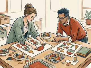 Dos personas comparan composiciones de figuras geométricas sobre una mesa.