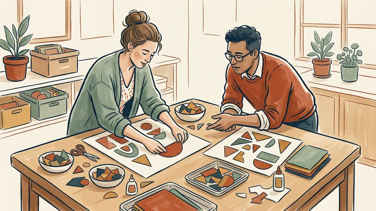 Dos personas comparan composiciones de figuras geométricas sobre una mesa.