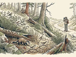 Una persona observa a distancia aves y un pequeño mamífero en un bosque ficticio.