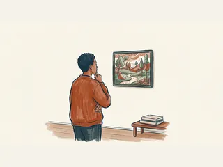 Una persona contempla una pintura de paisaje imaginario en una sala.