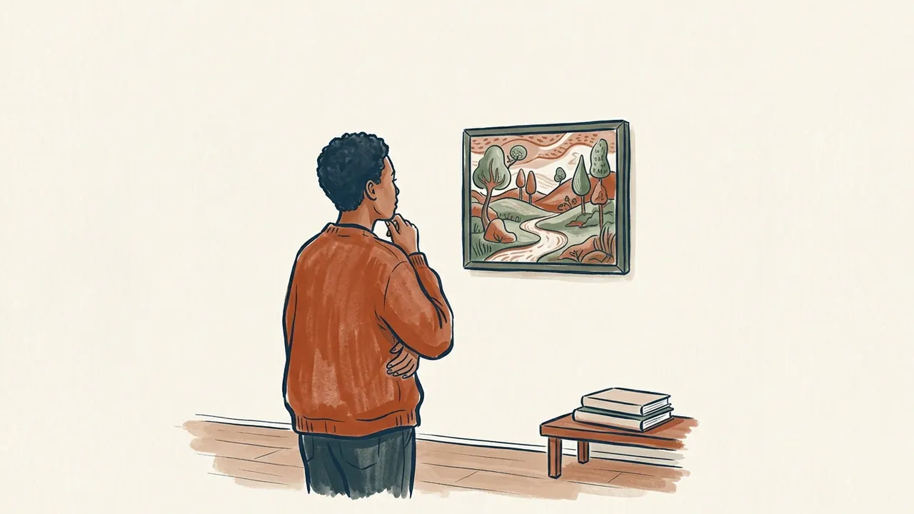 Una persona contempla una pintura de paisaje imaginario en una sala.