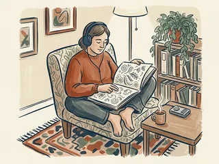 Una persona escucha con auriculares y observa dibujos en un libro.