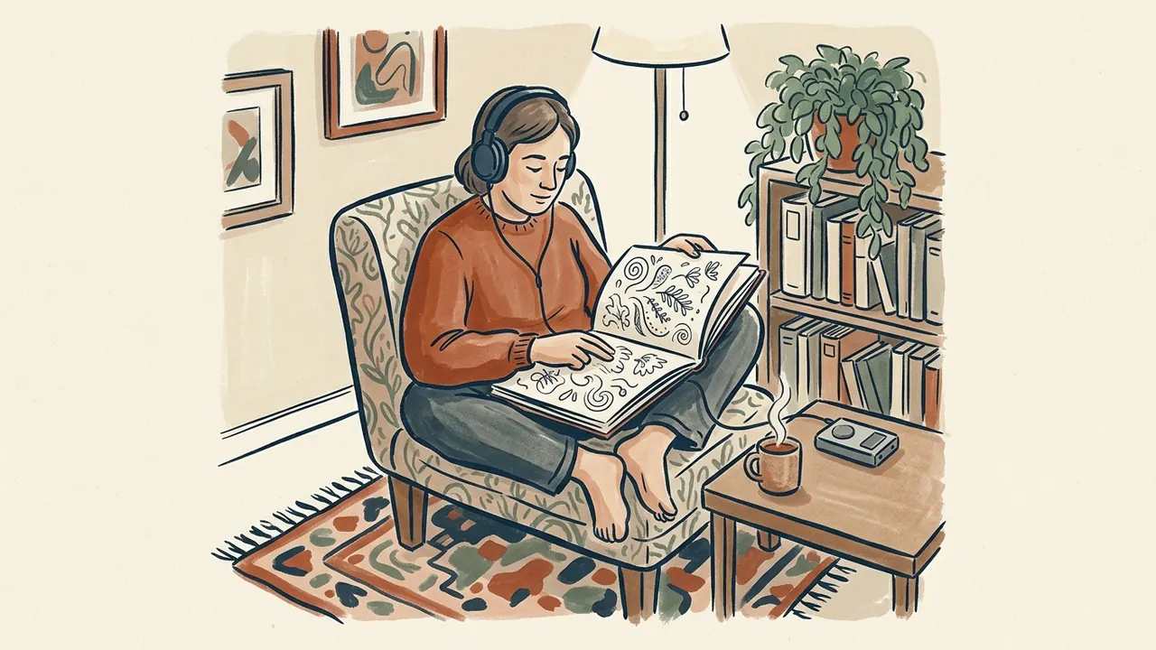Una persona escucha con auriculares y observa dibujos en un libro.