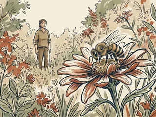 Una abeja sobre una flor en primer plano y una persona que observa el jardín al fondo.