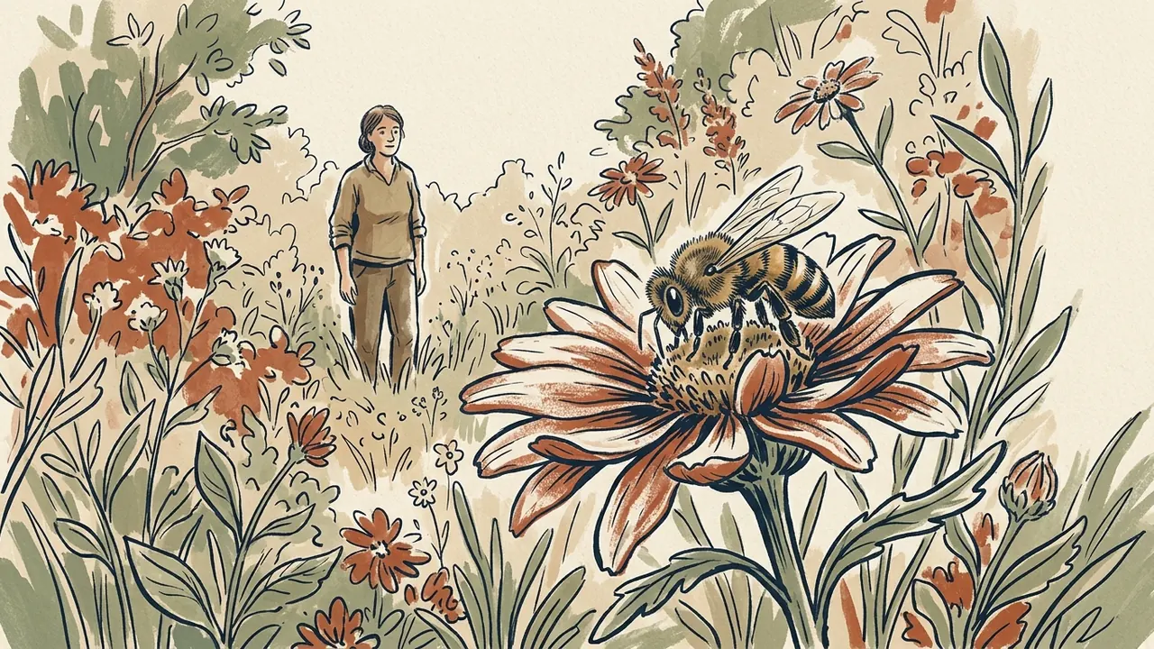 Una abeja sobre una flor en primer plano y una persona que observa el jardín al fondo.