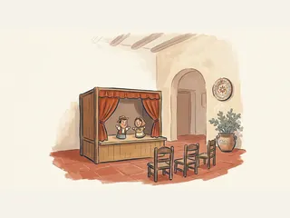 Teatrillo de madera con dos títeres de guante y tres sillas pequeñas.