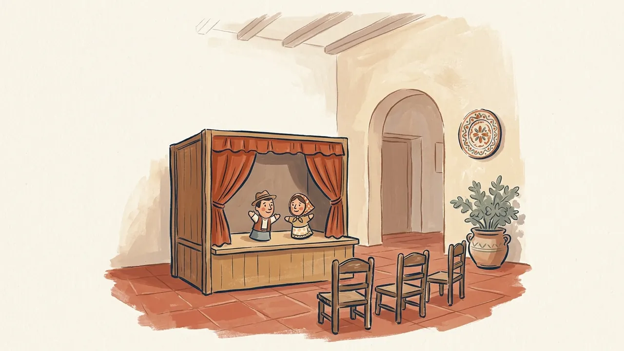Teatrillo de madera con dos títeres de guante y tres sillas pequeñas.
