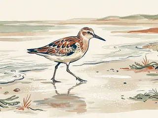Ilustración de un ave playera caminando por una orilla húmeda con su reflejo en el agua.