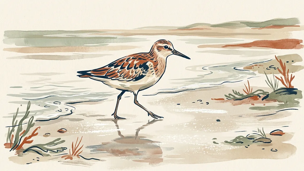 Ilustración de un ave playera caminando por una orilla húmeda con su reflejo en el agua.