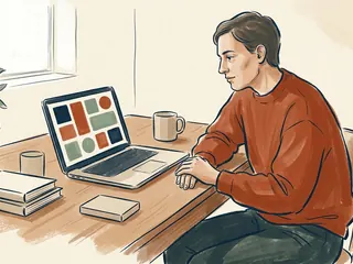 Una persona adulta observa un portátil con formas geométricas junto a objetos lisos sobre una mesa.