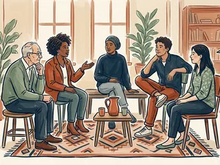 Cinco personas conversan sentadas en círculo en una sala comunitaria.