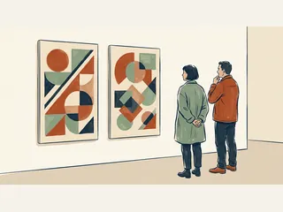 Dos personas adultas observan composiciones geométricas en una sala.