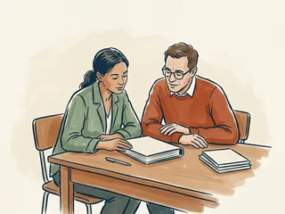 Dos personas adultas observan una carpeta cerrada de cubierta lisa sobre una mesa.